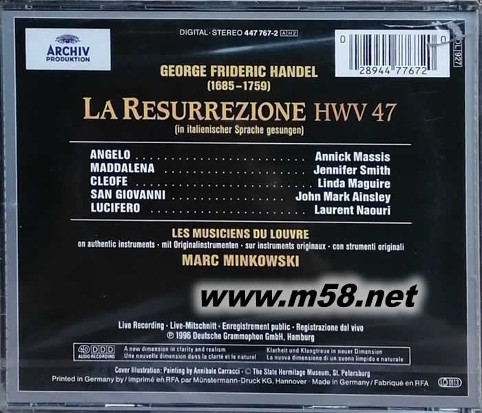 HADEL:LA RESURREZIONE/MARC MINKOWSKI 韓德爾:歌劇 復活專輯背面圖片