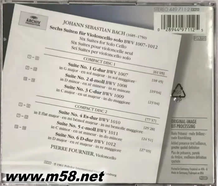 Bach 6 Suites FUR VIOLINCELLO SOLO 巴赫 大提琴組曲 2CD大禾花版專輯背面圖片