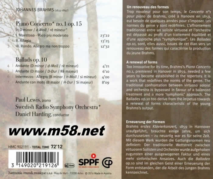 JOHANNES BRAHMS : PIANO CONCERTO NO.1, BALLADES OP.10專輯背面圖片