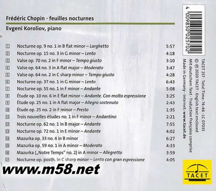 柯洛里奧弗 肖邦鋼琴作品集Frederic Chopin : Feuilles Nocturnes專輯背面圖片