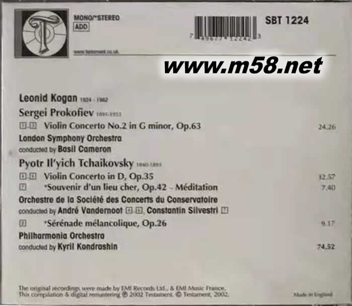 Prokofiev/ Tchaikovsky: Violin Concertos 普羅高菲夫:小提琴協奏曲/ 柴可夫斯基:小提琴協奏曲/冥想曲/ 傷感小夜曲專輯背面圖片