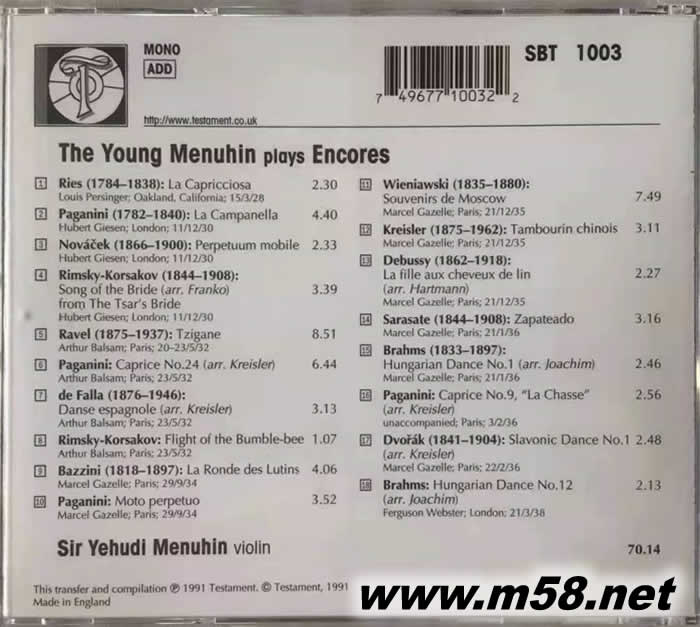 天才曼紐因小品集 The Young Menuhin plays Encores, Volume 1專輯背面圖片