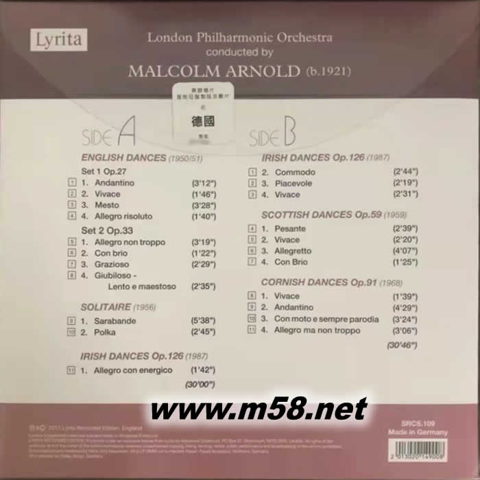 阿諾德 英格蘭舞曲 Malcolm Arnold English & Scottish Dances 黑膠專輯背面圖片
