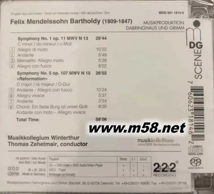 門德爾松:第一交響曲;第五交響曲 宗教改革 MENDELSSOHN BARTHOLDY SYMPHONIES NO. 5 SACD專輯背面圖片