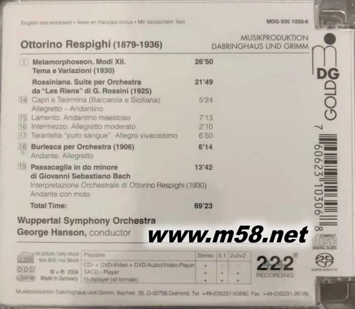 OTTORINO RESPIGHI ROSSINIANA 羅西尼風格 WUPPERTAL SACD專輯背面圖片
