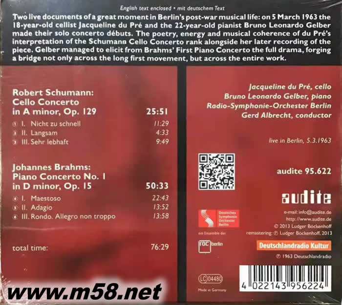 Schumann: Cello Concerto / Brahms: Piano Concerto 舒曼: 大提琴協奏曲/ 布拉姆斯: 第1號鋼琴協奏曲專輯背面圖片