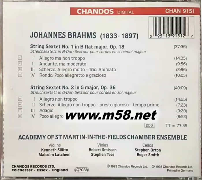 Brahms: String Sextets 1 & 2 布拉姆斯 :第 1 及 2 號弦樂六重奏專輯背面圖片