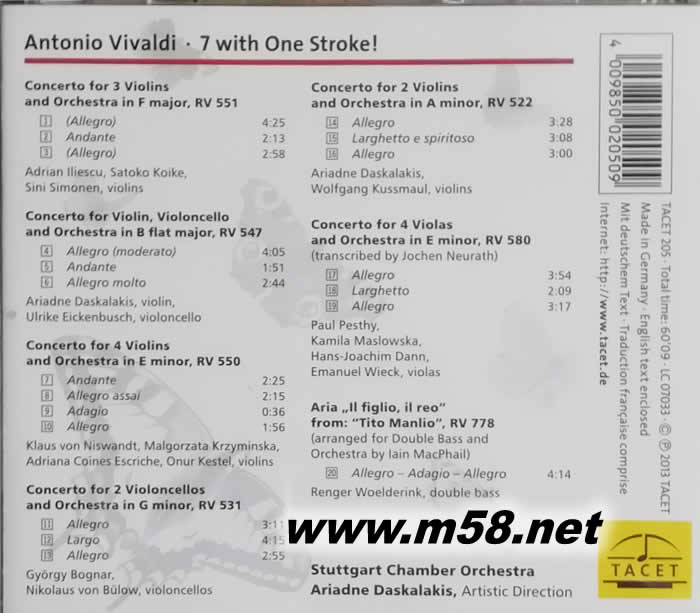 Vivaldi: 7 with One Stroke! 韋瓦第協奏曲集(劉漢盛推介 超越巔峰200擊入圍CD)專輯背面圖片