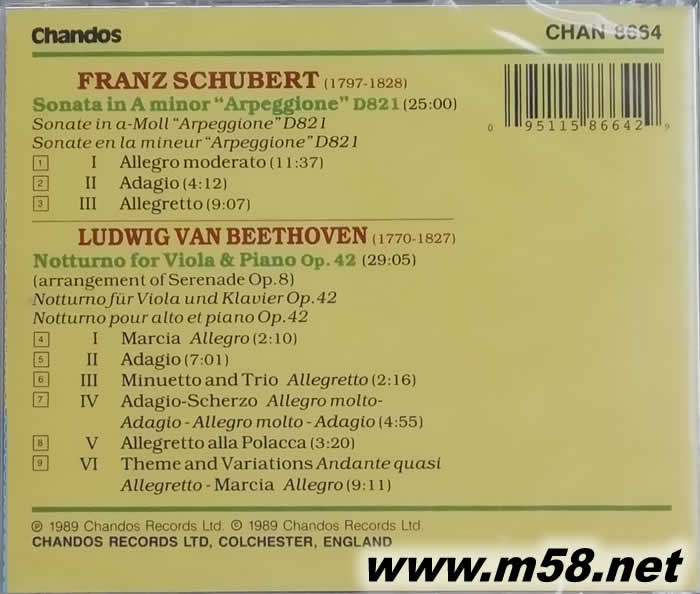 舒伯特 Schubert: Arpeggione Sonata & Beethoven: Nocturne for piano & viola 中提琴與鋼琴專輯背面圖片