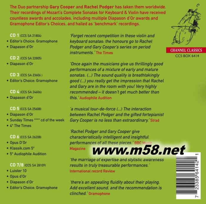 小提琴與鋼琴奏莫扎特 鳴曲全集Rachel Podger & Gary Cooper Mozart complete Sonatas for keyboard and violin 8CD套裝專輯背面圖片