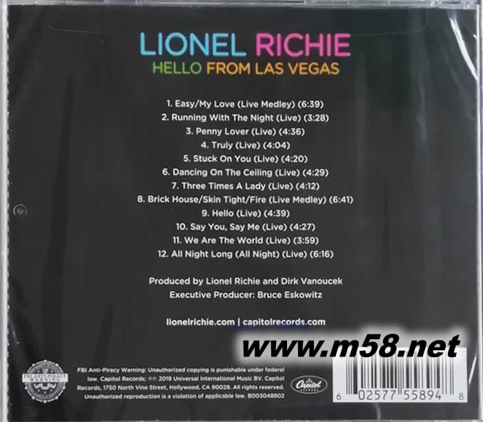 Hello From Las Vegas 拉斯維加斯現場演唱實錄CD專輯背面圖片