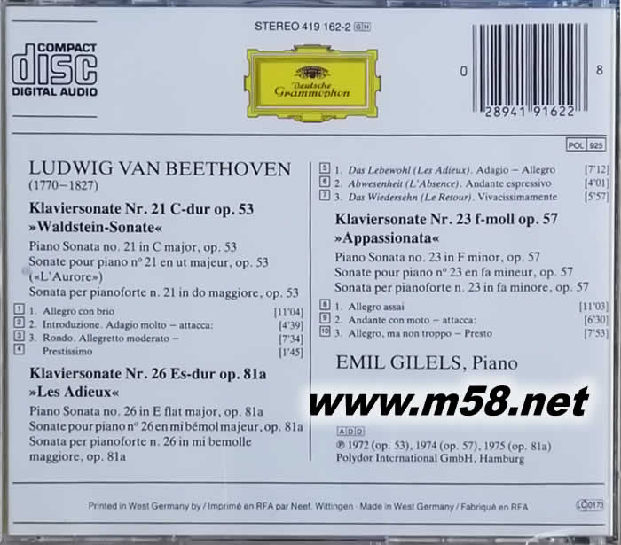 貝多芬鋼琴奏鳴曲 Piano Sonatas No.21 Op.53 ”Waldstein”, No.23 ”Appassionata專輯背面圖片