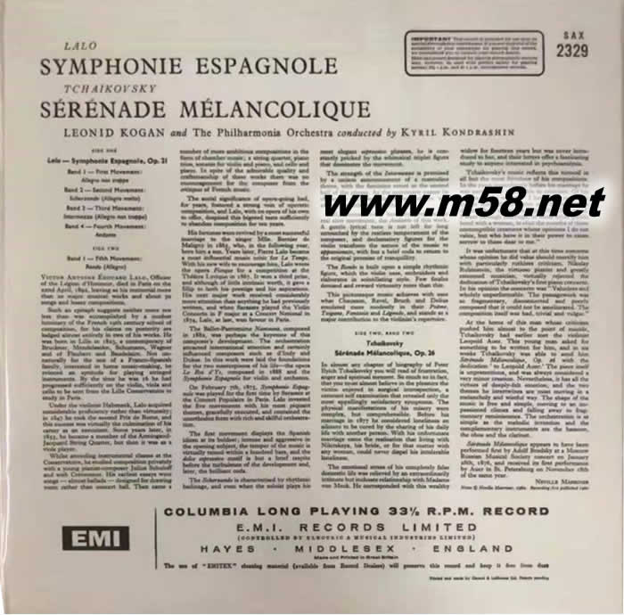 小提琴協(xié)奏曲 Lalo: Symphonie Espagnole (西班牙交響曲) 黑膠專輯背面圖片