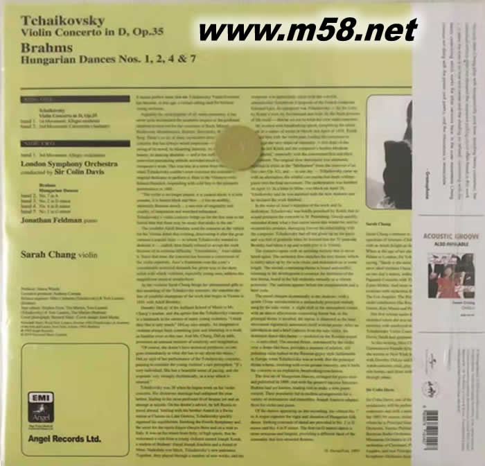VIOLIN CONCERTO IN D, etc 柴可夫斯基:D大調小提琴協奏曲;布拉姆斯:匈牙利舞曲 黑膠專輯背面圖片