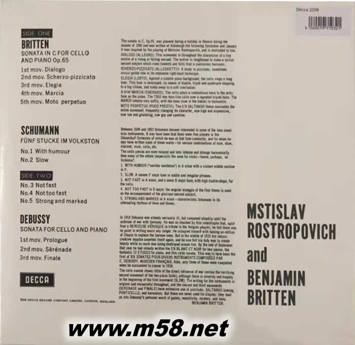 黑膠唱片布里頓,舒曼,德彪西:大提琴與鋼琴之奏鳴曲 SCHMAN DEBUSSY 黑膠專輯背面圖片