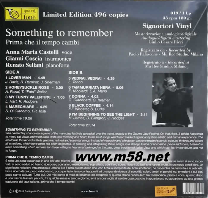 爵士女伶 FONE絲泰莉/塞蘭尼/科斯雅 往昔情懷Something To Remember 黑膠 限量版專輯背面圖片