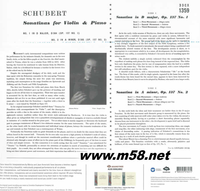 舒伯特 小提琴與鋼琴 第一集 Schubert Sonatinas for Violin and Piano Volume 1 小提琴 黑膠專輯背面圖片