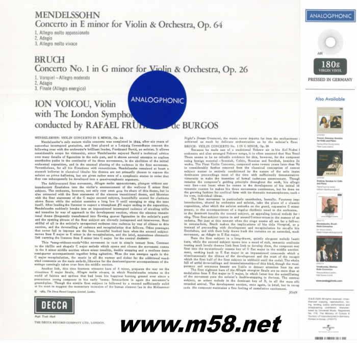 門德爾松 MENDELSSOHN, BRUCH VIOLIN CONCERTOS 小提琴 黑膠專輯背面圖片