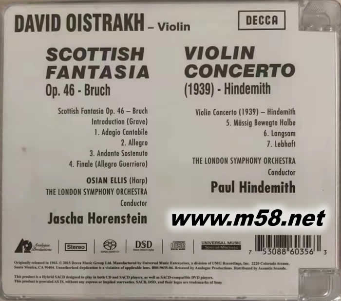 布魯赫 : 蘇格蘭幻想曲 ; 亨德密特 : 小提琴協(xié)奏曲SCOTTISH FANTASIA ; VIOLIN CONCERTO (Living Stereo 立體聲名盤 SACD )專輯背面圖片
