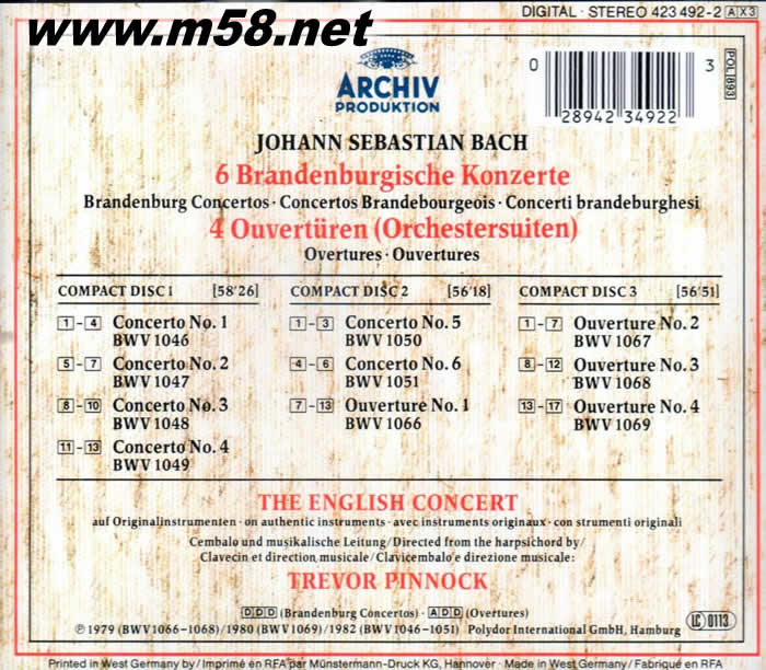 巴赫:勃蘭登堡協奏曲 Bach: 6 Brandenburg Concertos / 4 Orchestral Suites (3CD套裝)專輯背面圖片