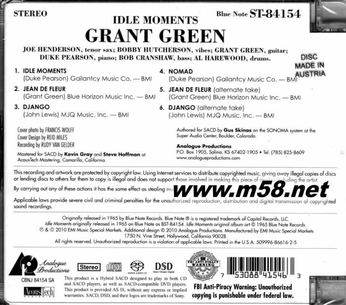 IDLE MOMENTS SACD專輯背面圖片