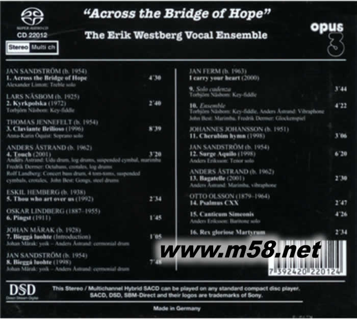 愿望之橋(合唱團(tuán)天碟) The Erik Westberg Vocal Ensemble - Across The Bridge Of Hope艾瑞克 威斯伯格人聲室內(nèi)樂(lè)團(tuán) SACD(瑞典OPUS 3 發(fā)燒工作室)專輯背面圖片