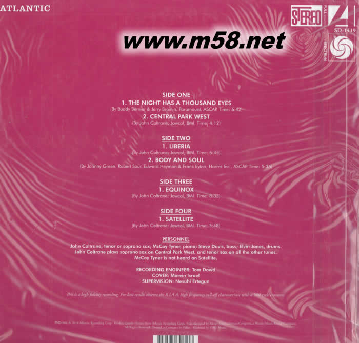 Coltrane’s Sound 爵士薩克斯大師(薩克斯、鋼琴、貝斯、鼓) 45轉 黑膠 限量版專輯背面圖片