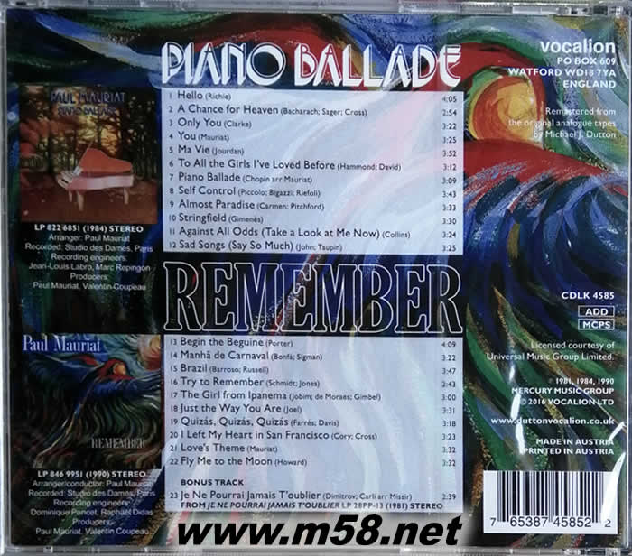 保羅莫里埃 深情回憶 RAIN AND TEARS專輯背面圖片