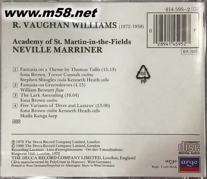 沃恩·威廉斯:綠袖子幻想曲 Vaughan Williams:Fantasia On Greensleeves專輯背面圖片