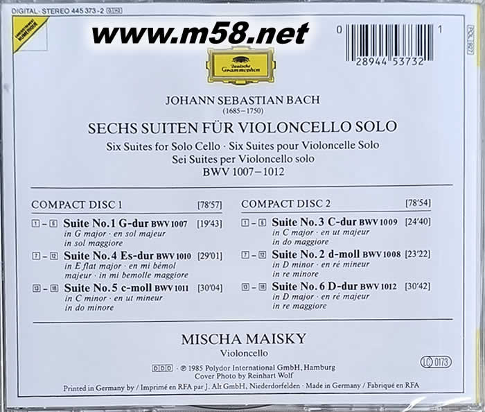 6 SUITES FOR SOLO CELLO BWV 1007-1012 大提琴組曲專輯背面圖片