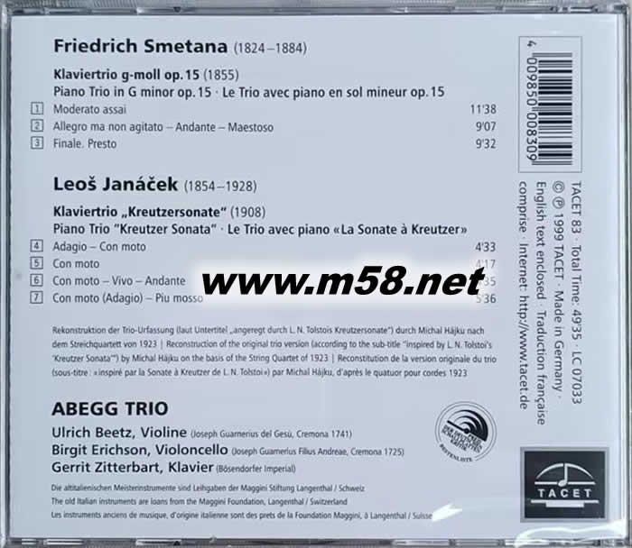 JANACEK SMETANA KLAVIERTRIOS 三重奏 鋼琴、大提琴、小提琴(大胡子封面)專輯背面圖片