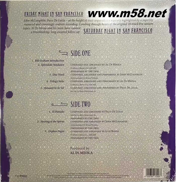 SATURDAY Night in San Francisco(舊金山星期六之夜 三位吉它大師LIVE)180g 45RPM LP 黑膠專輯背面圖片