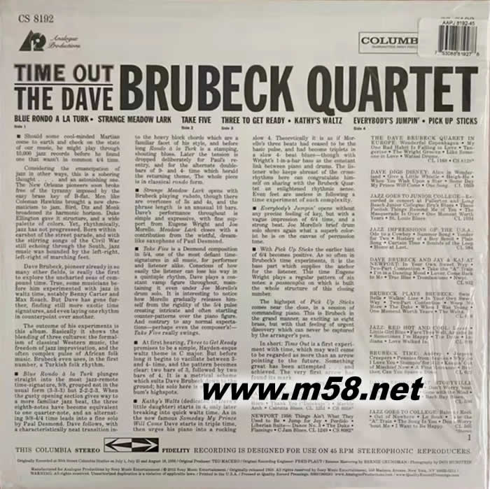 節奏實驗 DAVE BRUBECK QUARTET TIME OUT戴夫布魯貝克四重奏 超時 黑膠專輯背面圖片