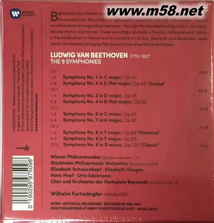 富特文格勒指揮 貝多芬 交響曲全集Beethoven: The Complete Symphonies (5CD套裝)專輯背面圖片