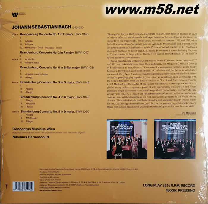 巴哈:布蘭登堡協(xié)奏曲集 哈農(nóng)庫特 BACH: BRANDENBURG CONCERTOS MNIKOLAUS HARNONCOURT 黑膠專輯背面圖片