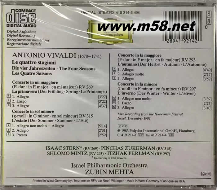 祖賓·梅塔 - 維瓦爾第:四季Zubin Mehta Vivaldi The Four Seasons專輯背面圖片