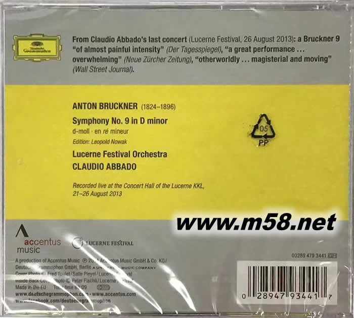 阿巴多 盧塞恩節日管弦樂團 - 布魯克納 第交響曲 BRUCKNER SYMPHONY NO.9專輯背面圖片
