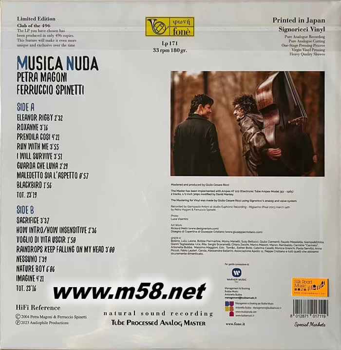 純粹音樂 Musica Nuda 白色封面 黑膠 透明膠 日本限量版專輯背面圖片