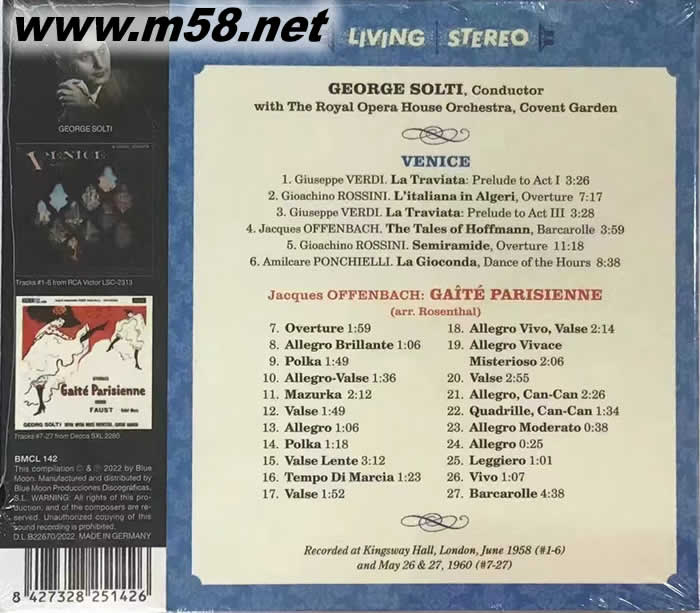 序曲 威尼斯商人與快樂的巴黎人 Georg Solti - Venice and Gaite Parisienne LIVEING STEREO專輯背面圖片
