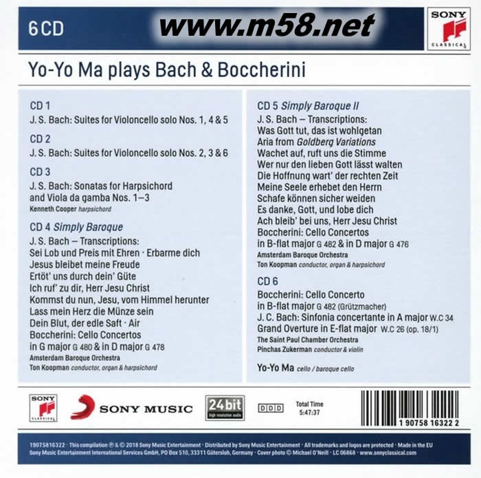馬友友演奏巴哈&鮑凱里尼作品 Yo-Yo Ma Plays Bach & Boccherini (6CD套裝)專輯背面圖片