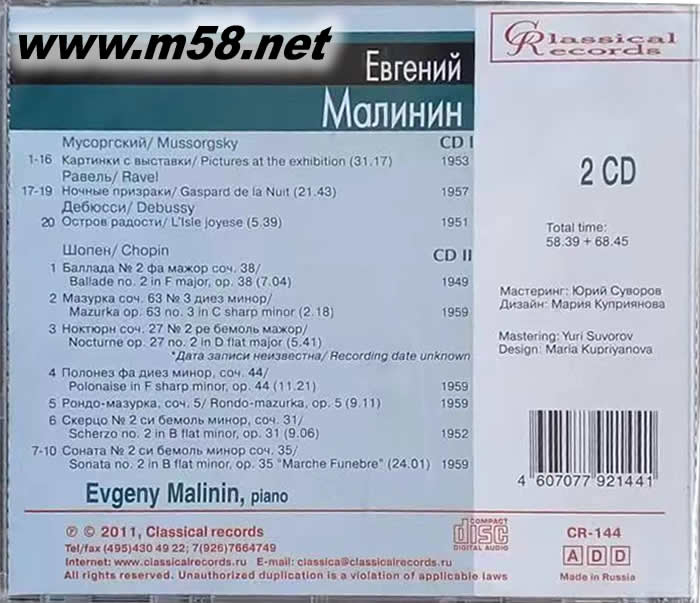 plays Mussorgsky/ Ravel/ Debussy/ Chopin 馬利寧 - 鋼琴藝術(shù)專輯背面圖片