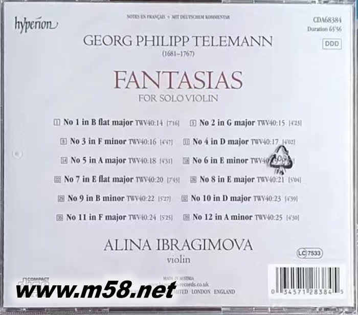 Telemann: Fantasias for solo violin 泰勒曼: 12首無伴奏小提琴幻想曲專輯背面圖片
