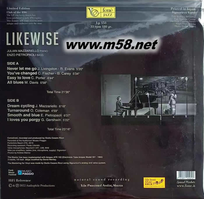 同樣地 Likewise 大提琴與鋼琴 黑膠 日版透明膠 限量版專輯背面圖片