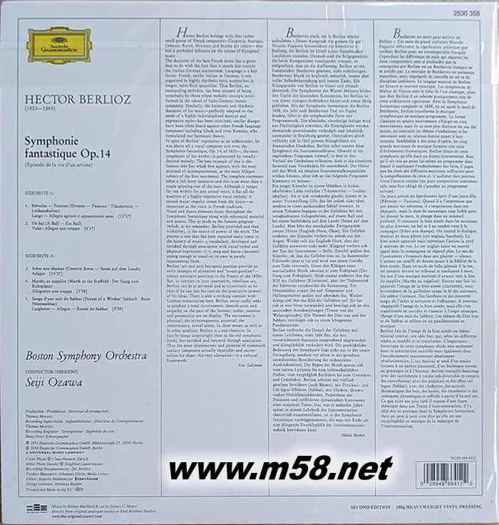 Seiji Ozawa 指揮 伯遼茲 Hector Berlioz: Symphonie fantastique 黑膠 藍膠(DG唱片125周年紀念版)專輯背面圖片
