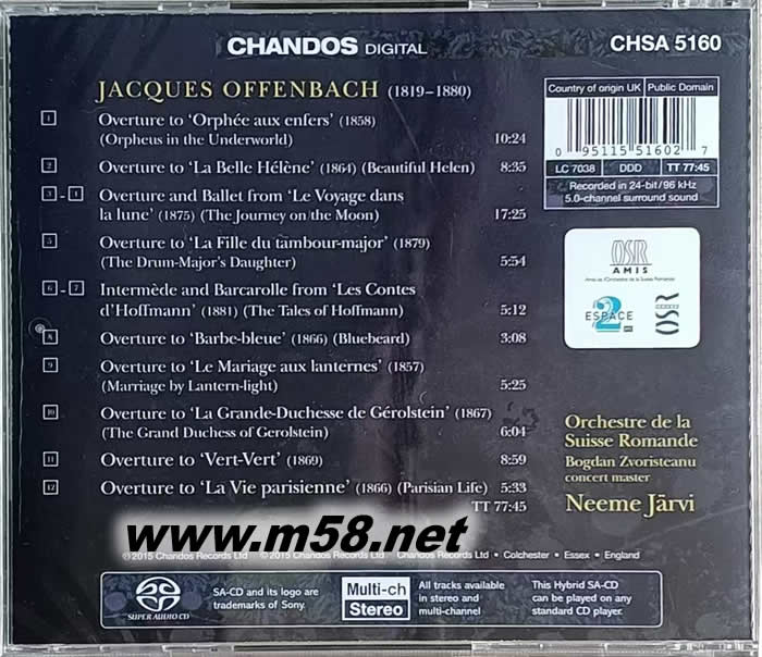 Neeme Jarvi conducts Offenbach 奧芬巴赫: 爆棚歌劇序曲 (SACD)專輯背面圖片